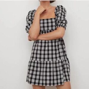 Checkered Seersucker Puff Sleeve Mini Dress H&M Divided Black White Plaid - XS